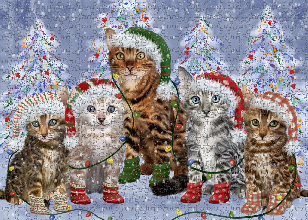 Christmas Lights and Bengal Cats Portrait Jigsaw Puzzle for Adults Animal Interlocking Puzzle Game Unique Gift for Dog Lover's with Metal Tin Box
