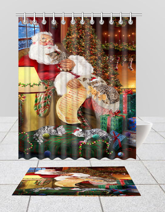 Santa Sleeping with Bengal Cats  Bath Mat and Shower Curtain Combo