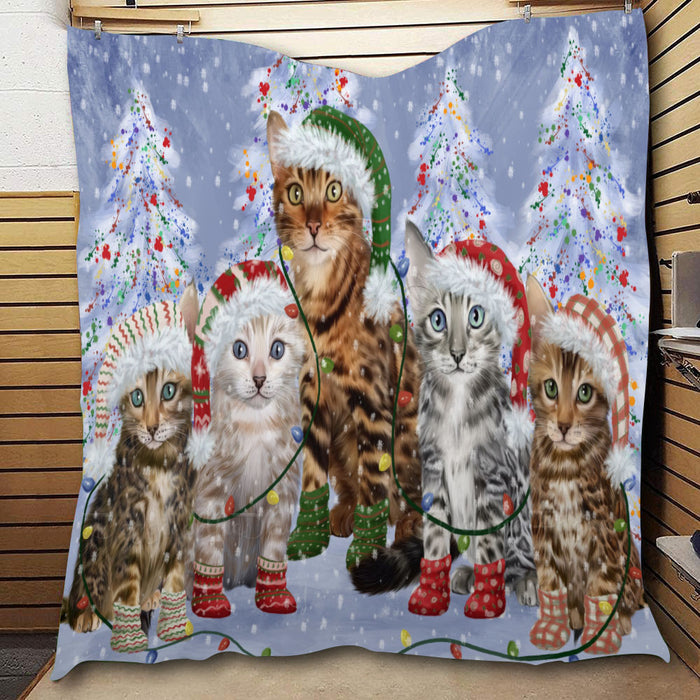 Christmas Lights and Bengal Cats  Quilt Bed Coverlet Bedspread - Pets Comforter Unique One-side Animal Printing - Soft Lightweight Durable Washable Polyester Quilt
