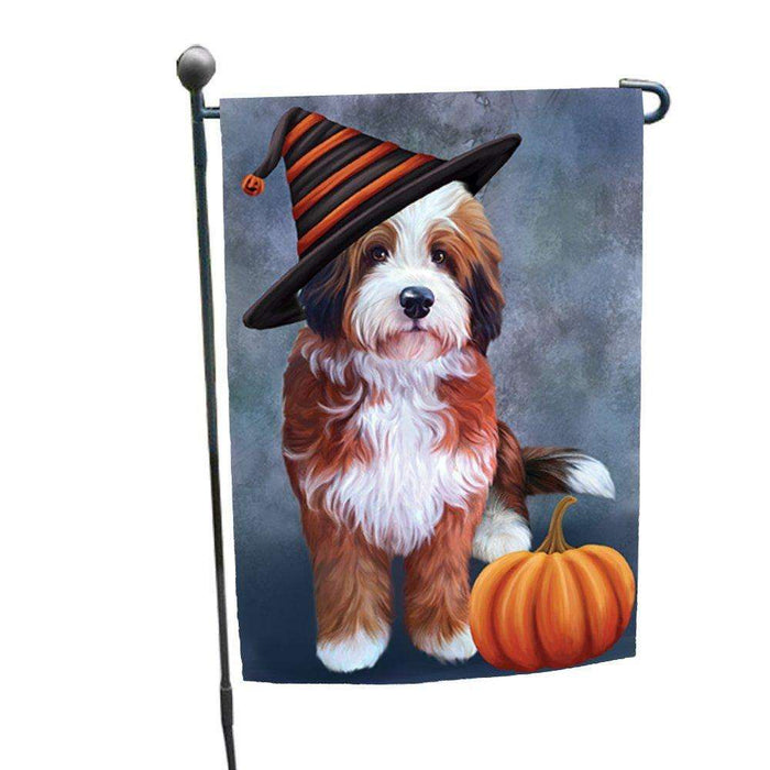 Bernedoodle Dog Wearing Witch Hat with Pumpkin Garden Flag