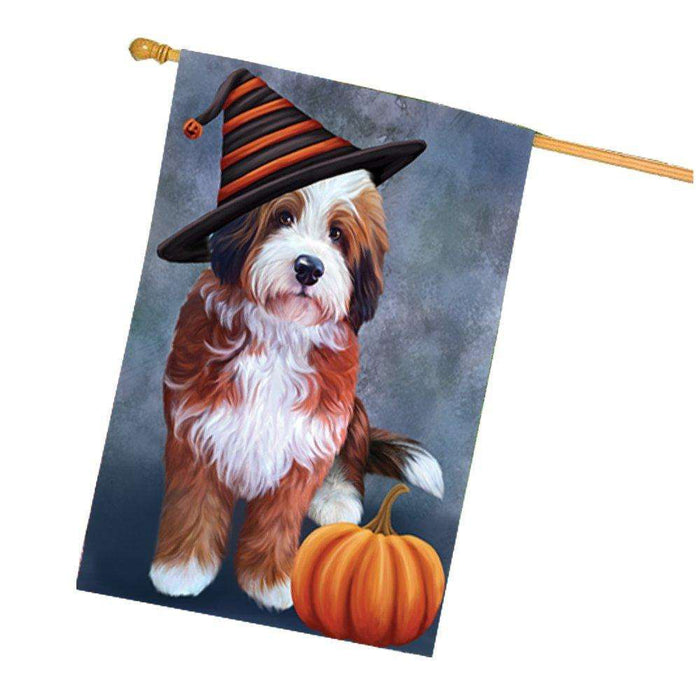 Bernedoodle Dog Wearing Witch Hat with Pumpkin House Flag