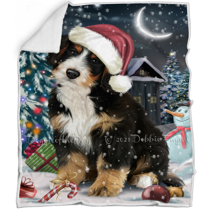 Have a Holly Jolly Christmas Bernedoodle Dog in Holiday Background Blanket D009