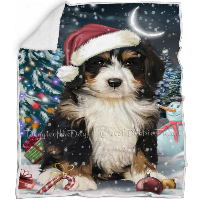 Have a Holly Jolly Christmas Bernedoodle Dog in Holiday Background Blanket D012