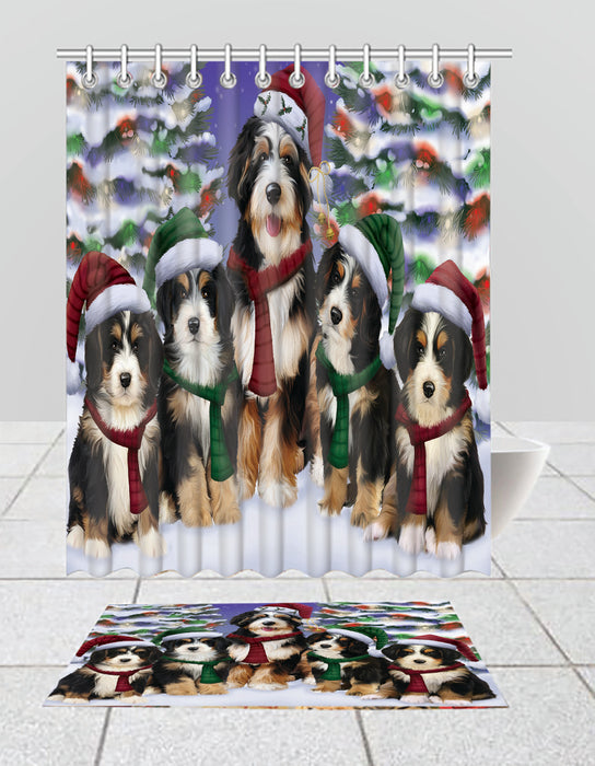 Bernedoodle Dogs Christmas Family Portrait in Holiday Scenic Background  Bath Mat and Shower Curtain Combo