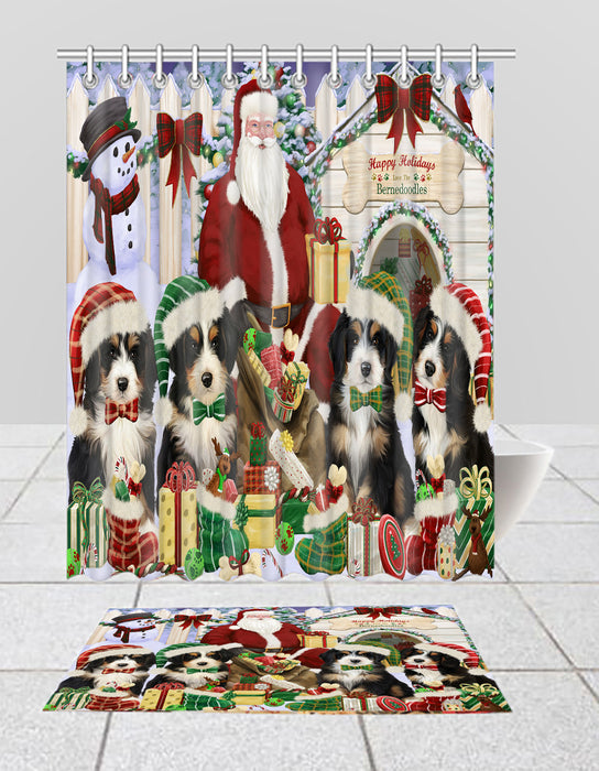 Happy Holidays Christmas Bernedoodle Dogs House Gathering Bath Mat and Shower Curtain Combo