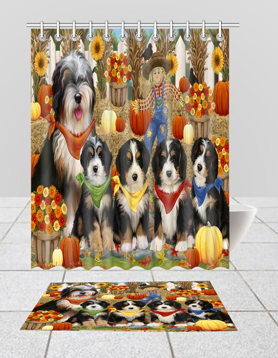 Fall Festive Harvest Time Gathering Bernedoodle Dogs Bath Mat and Shower Curtain Combo