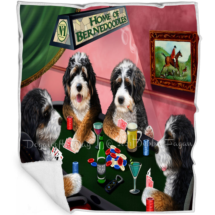Home of 4  Bernedoodle Dogs Playing Poker Blanket BLNKT143594