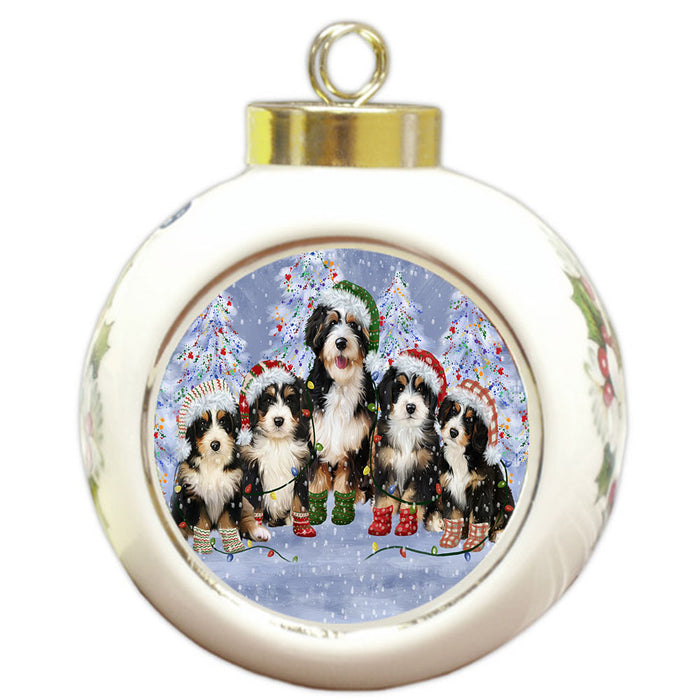 Christmas Lights and Bernedoodle Dogs Round Ball Christmas Ornament Pet Decorative Hanging Ornaments for Christmas X-mas Tree Decorations - 3" Round Ceramic Ornament