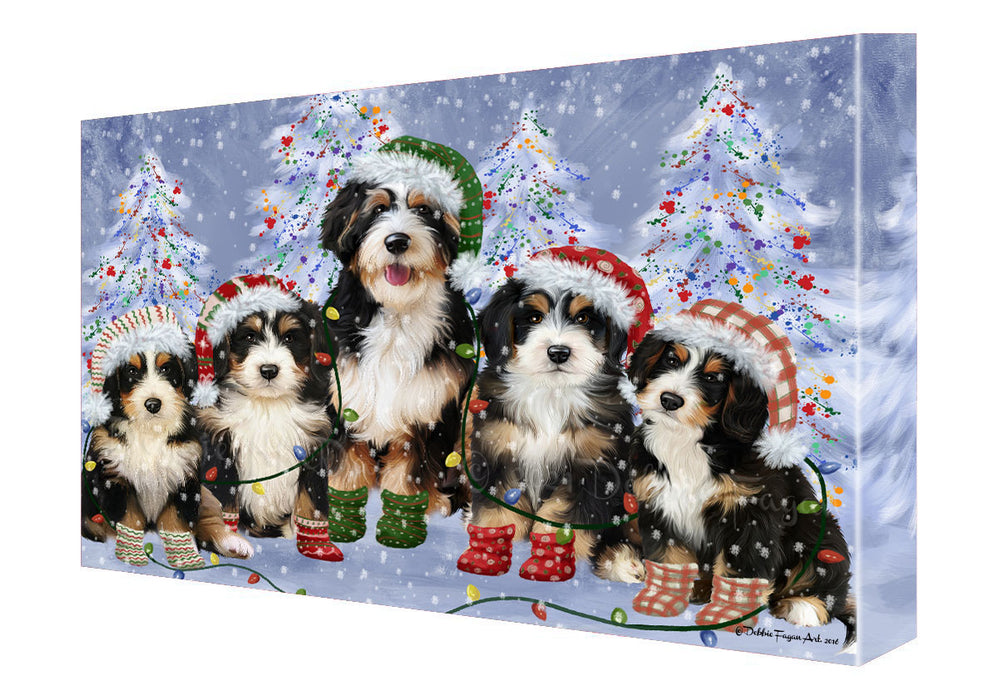 Christmas Lights and Bernedoodle Dogs Canvas Wall Art - Premium Quality Ready to Hang Room Decor Wall Art Canvas - Unique Animal Printed Digital Painting for Decoration