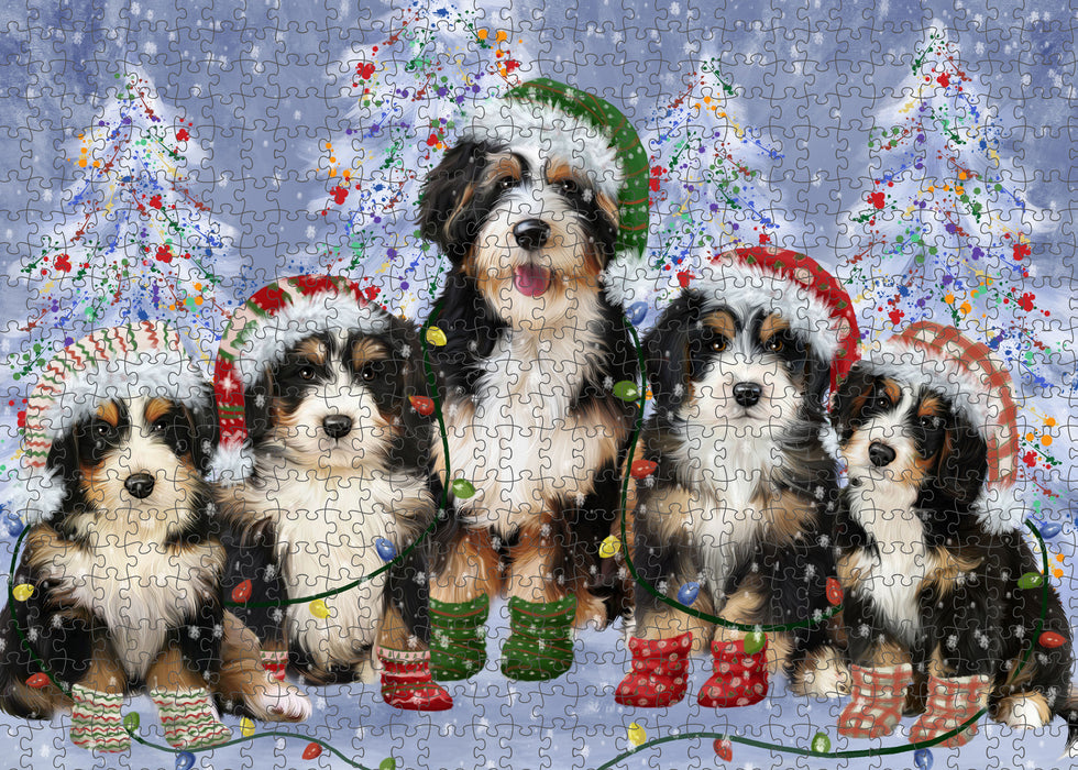 Christmas Lights and Bernedoodle Dogs Portrait Jigsaw Puzzle for Adults Animal Interlocking Puzzle Game Unique Gift for Dog Lover's with Metal Tin Box