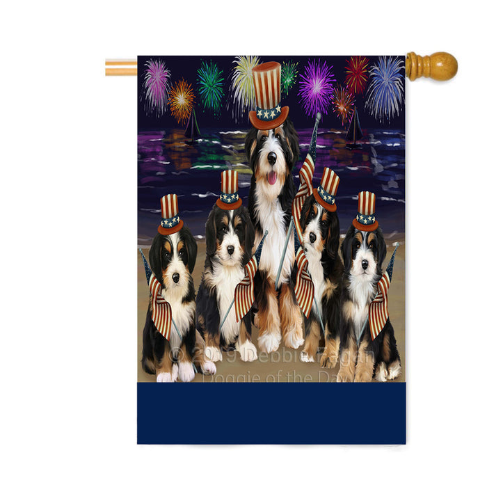 Personalized 4th of July Firework Bernedoodle Dogs Custom House Flag FLG-DOTD-A57835