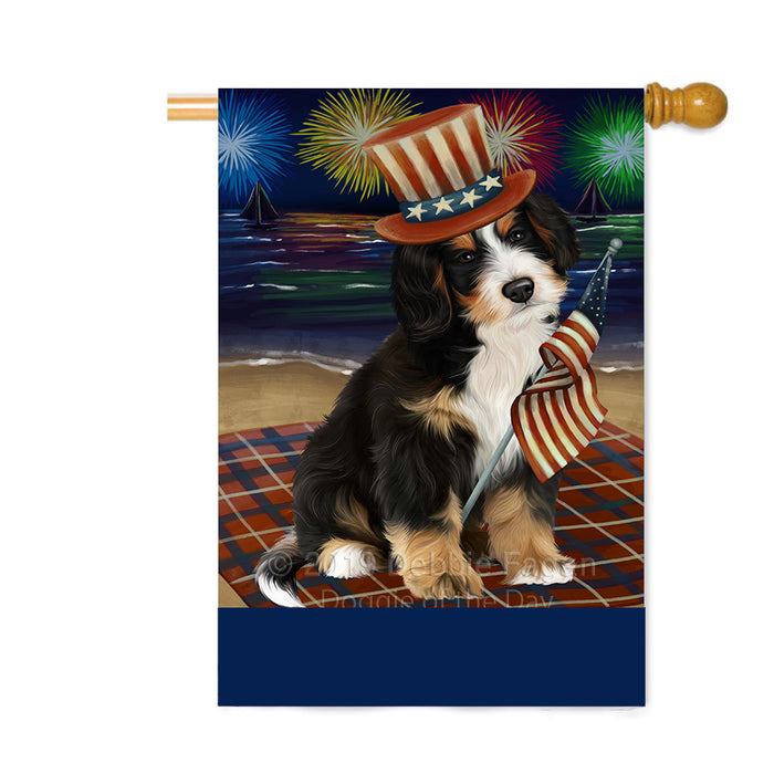 Personalized 4th of July Firework Bernedoodle Dog Custom House Flag FLG-DOTD-A57836