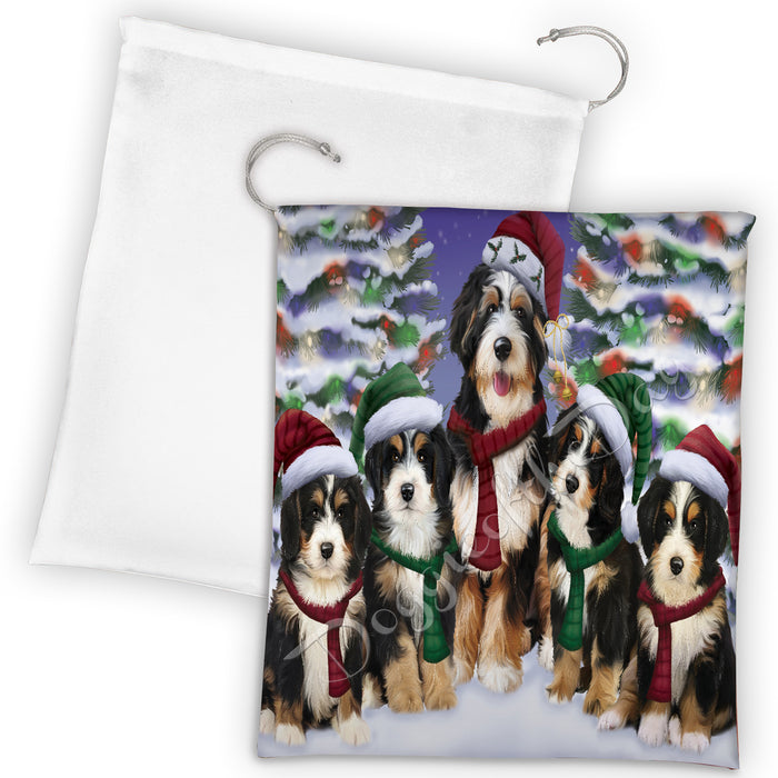Bernedoodle Dogs Christmas Family Portrait in Holiday Scenic Background Drawstring Laundry or Gift Bag LGB48115