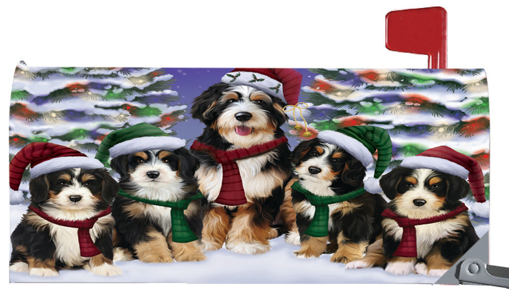 Magnetic Mailbox Cover Bernedoodles Dog Christmas Family Portrait in Holiday Scenic Background MBC48198