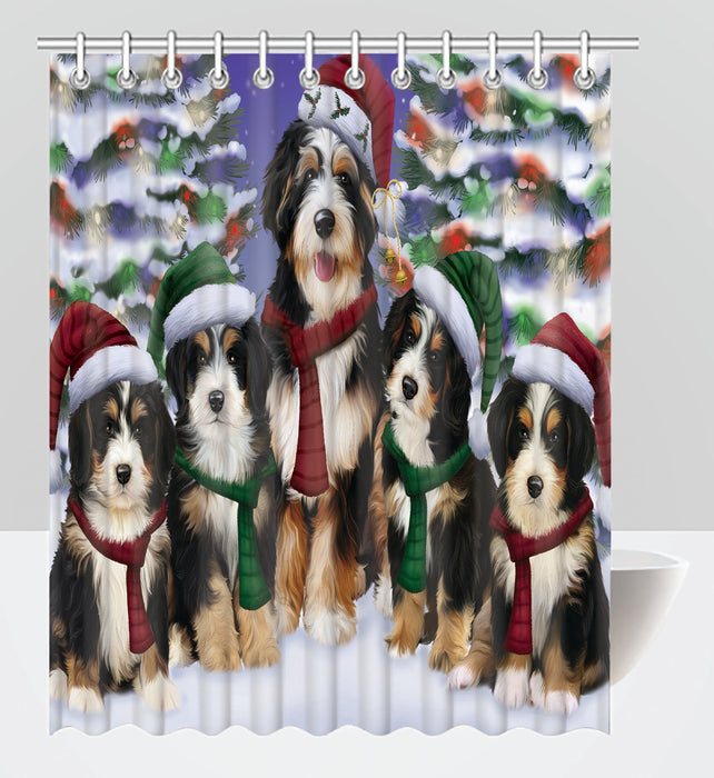 Bernedoodle Dogs Christmas Family Portrait in Holiday Scenic Background Shower Curtain