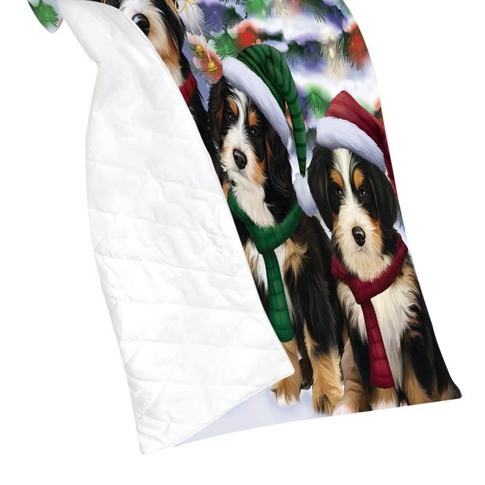 Bernedoodle Dogs Christmas Family Portrait in Holiday Scenic Background Quilt