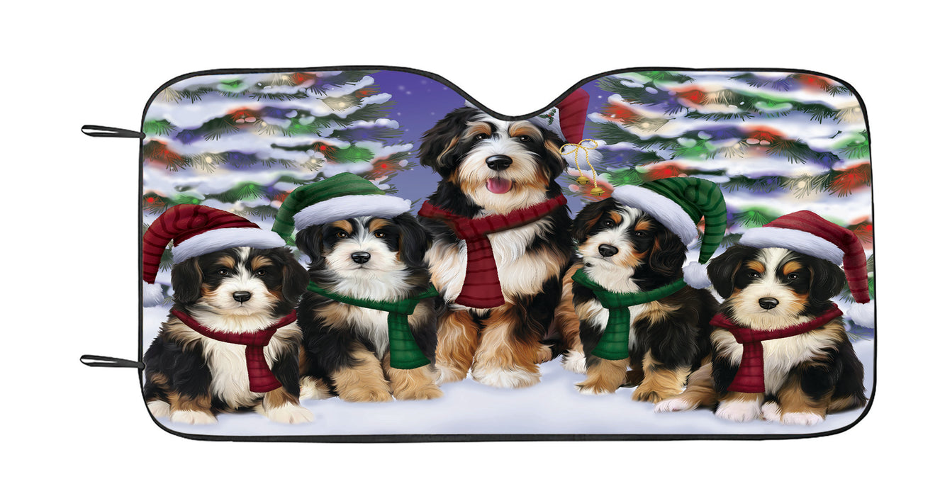Bernedoodle Dogs Christmas Family Portrait in Holiday Scenic Background Car Sun Shade