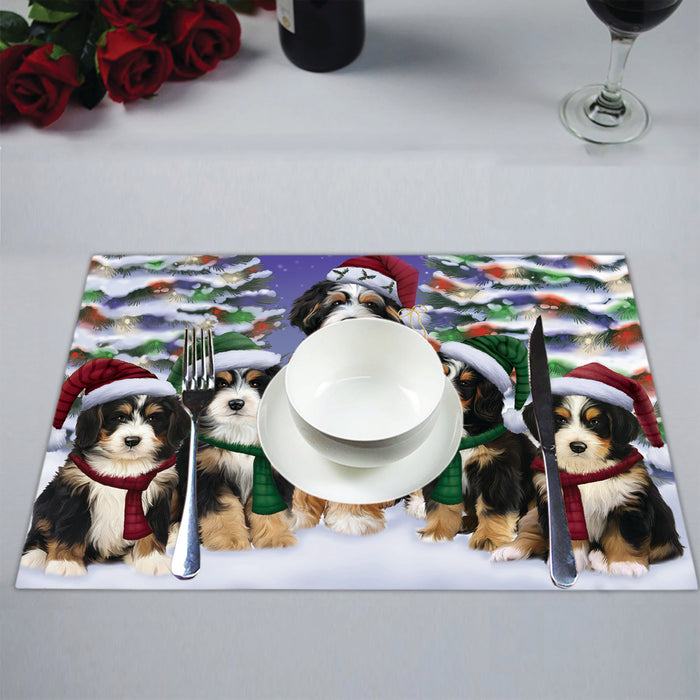 Bernedoodle Dogs Christmas Family Portrait in Holiday Scenic Background Placemat