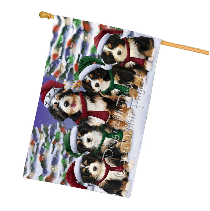Christmas Family Portrait Bernedoodle Dog House Flag Outdoor Decorative Double Sided Pet Portrait Weather Resistant Premium Quality Animal Printed Home Decorative Flags 100% Polyester
