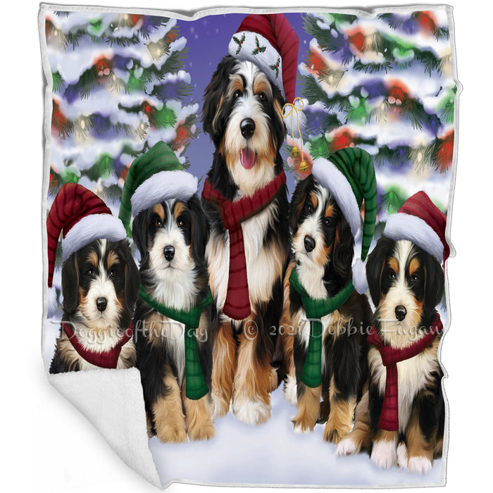 Bernedoodle Dogs Christmas Family Portrait in Holiday Scenic Background Blanket BLNKT143265