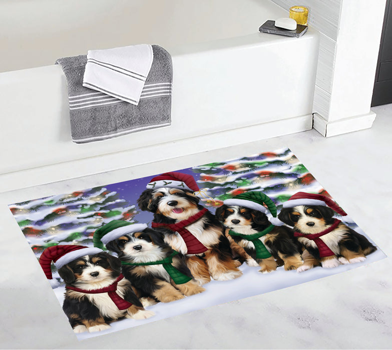 Bernedoodle Dogs Christmas Family Portrait in Holiday Scenic Background Bath Mat
