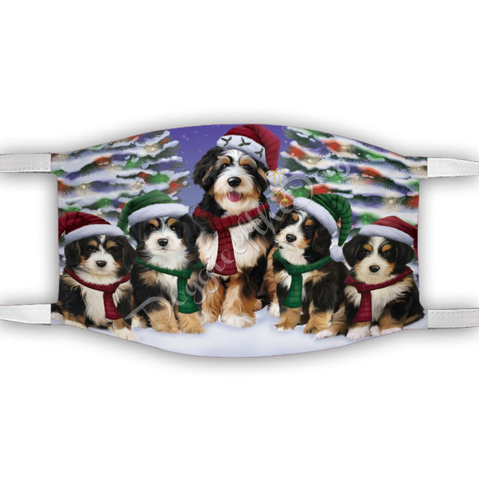 Bernedoodle Dogs Christmas Family Portrait in Holiday Scenic Background Face Mask FM48317
