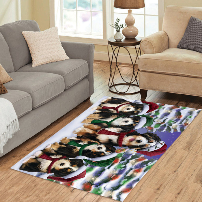 Bernedoodle Dogs Christmas Family Portrait in Holiday Scenic Background Area Rug