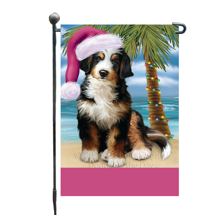 Personalized Summertime Happy Holidays Christmas Bernedoodle Dog on Tropical Island Beach  Custom Garden Flags GFLG-DOTD-A60406