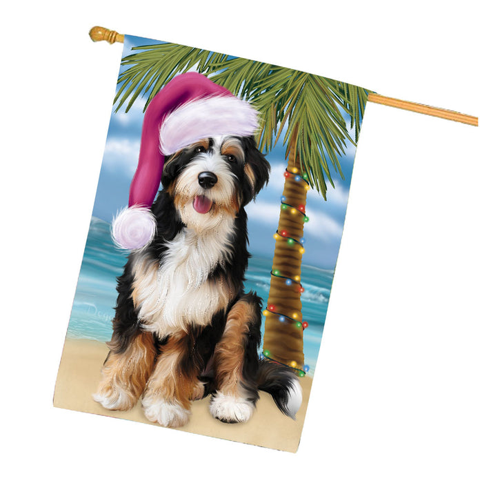 Christmas Summertime Beach Bernedoodle Dog House Flag Outdoor Decorative Double Sided Pet Portrait Weather Resistant Premium Quality Animal Printed Home Decorative Flags 100% Polyester FLG68676