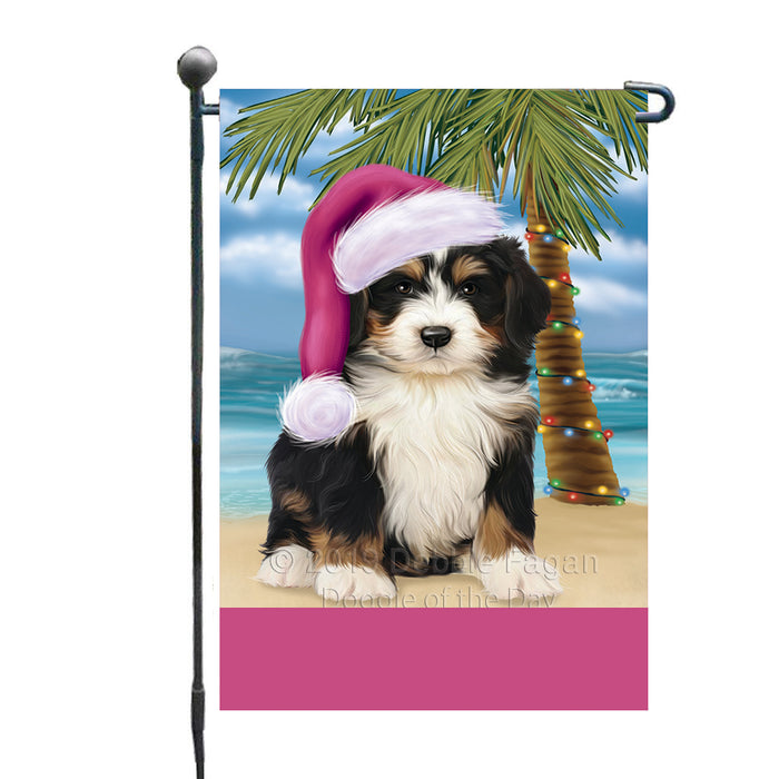 Personalized Summertime Happy Holidays Christmas Bernedoodle Dog on Tropical Island Beach  Custom Garden Flags GFLG-DOTD-A60405