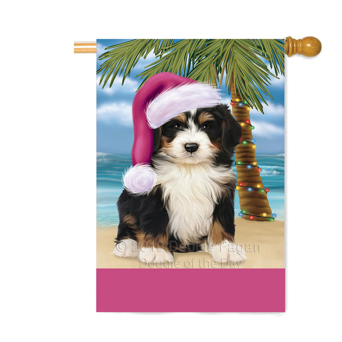 Personalized Summertime Happy Holidays Christmas Bernedoodle Dog on Tropical Island Beach Custom House Flag FLG-DOTD-A60461