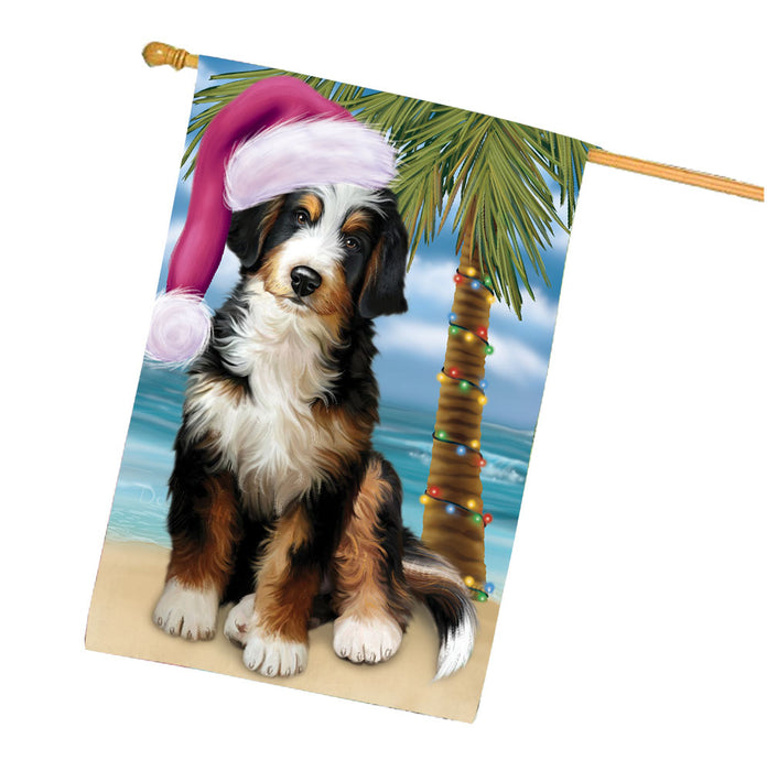 Christmas Summertime Beach Bernedoodle Dog House Flag Outdoor Decorative Double Sided Pet Portrait Weather Resistant Premium Quality Animal Printed Home Decorative Flags 100% Polyester FLG68678