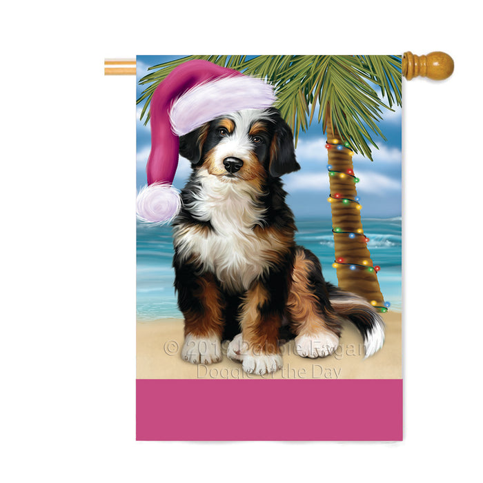Personalized Summertime Happy Holidays Christmas Bernedoodle Dog on Tropical Island Beach Custom House Flag FLG-DOTD-A60462