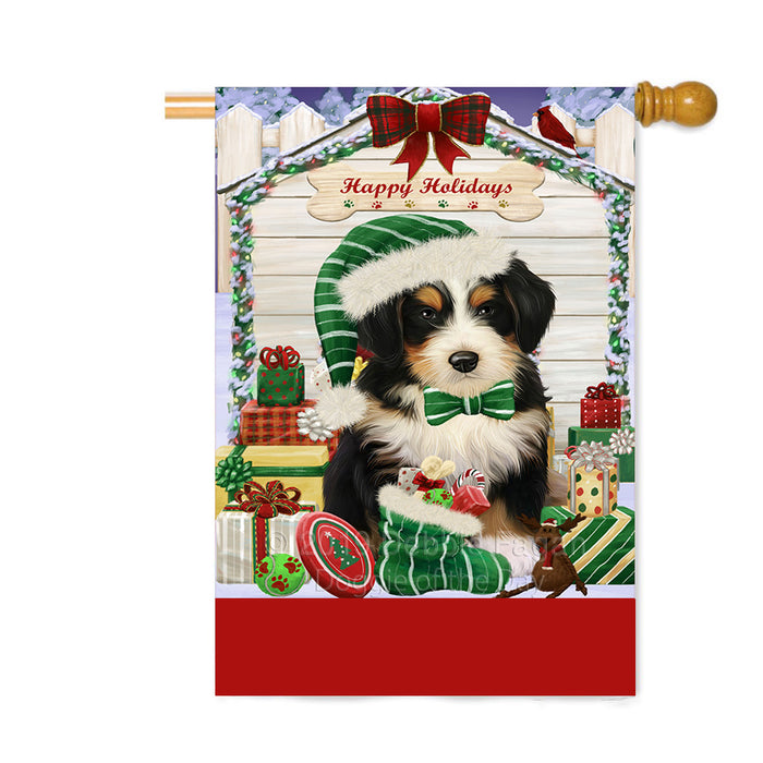 Personalized Happy Holidays Christmas Bernedoodle Dog House with Presents Custom House Flag FLG-DOTD-A59332