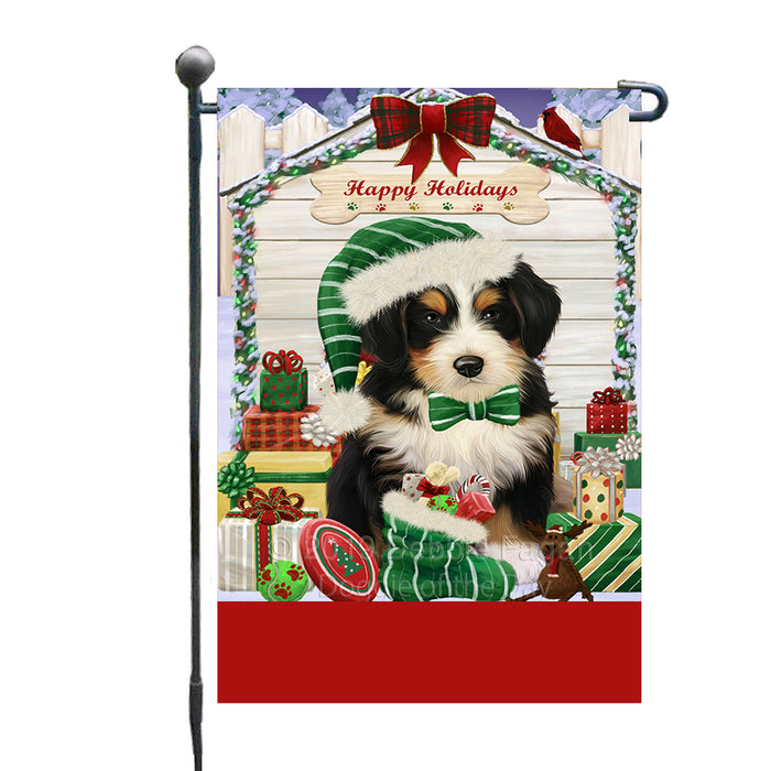 Personalized Happy Holidays Christmas Bernedoodle Dog House with Presents Custom Garden Flags GFLG-DOTD-A59276