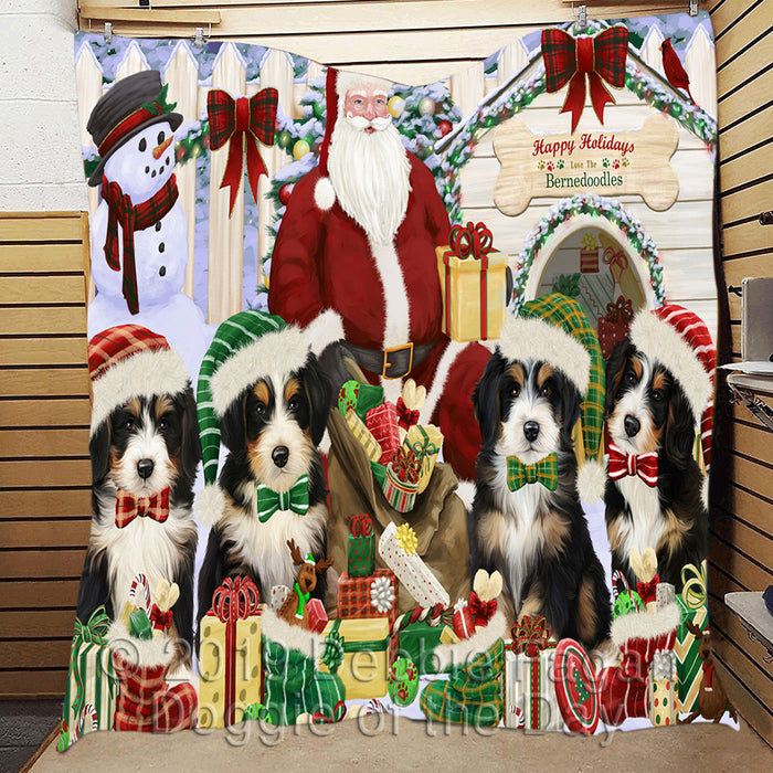 Happy Holidays Christmas Bernedoodle Dogs House Gathering Quilt