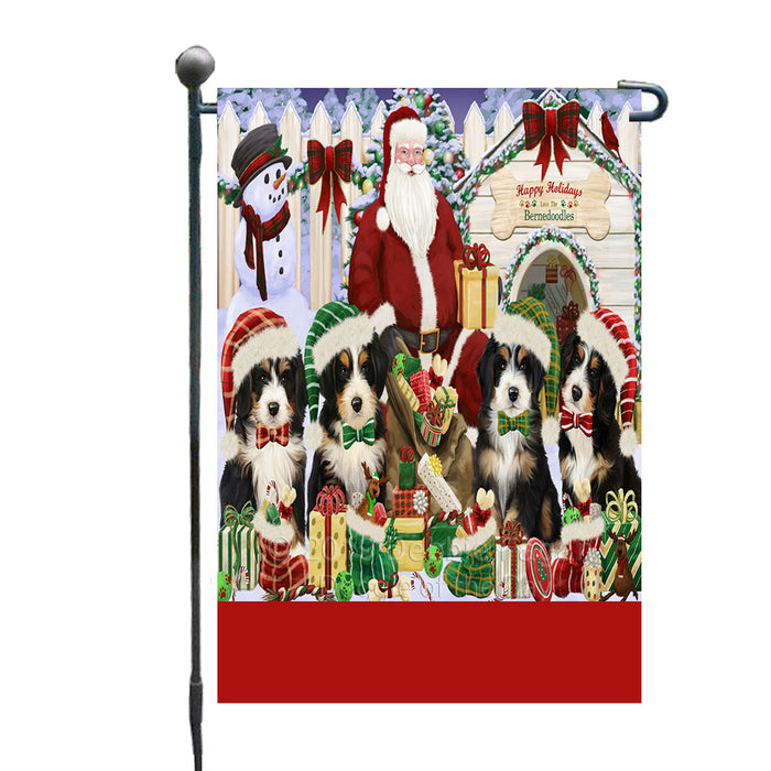 Personalized Happy Holidays Christmas Bernedoodle Dogs House Gathering Custom Garden Flags GFLG-DOTD-A58499