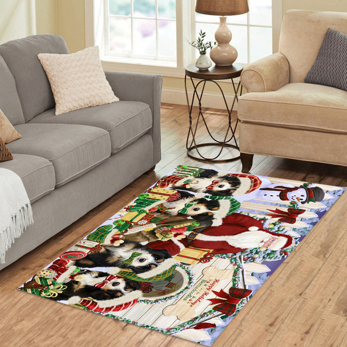 Happy Holidays Christma Bernedoodle Dogs House Gathering Area Rug