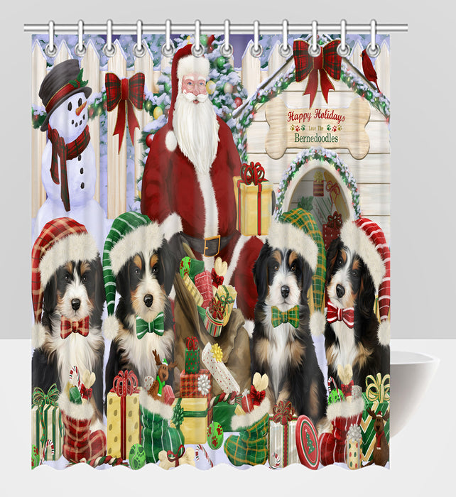 Happy Holidays Christmas Bernedoodle Dogs House Gathering Shower Curtain