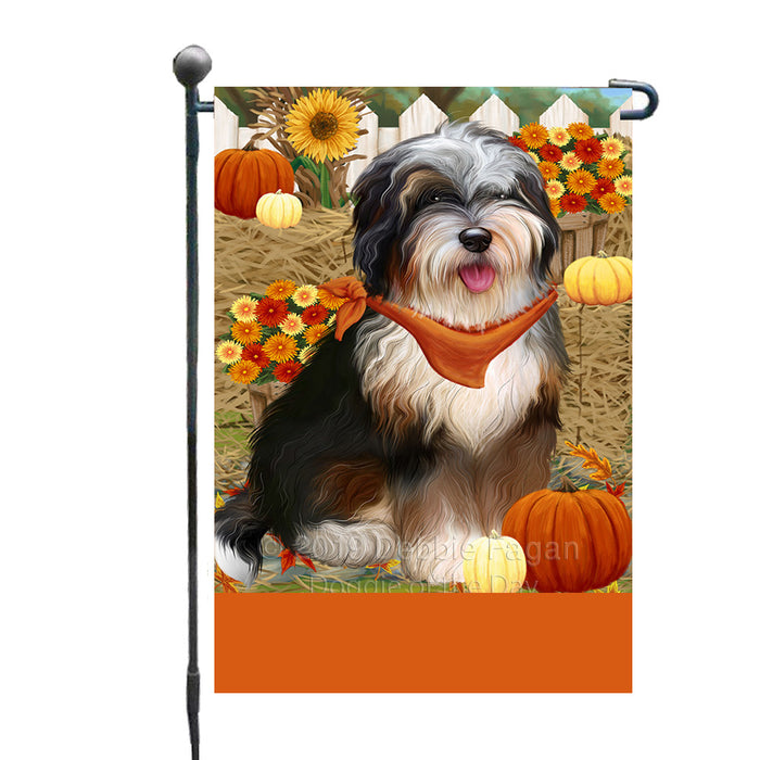 Personalized Fall Autumn Greeting Bernedoodle Dog with Pumpkins Custom Garden Flags GFLG-DOTD-A61804