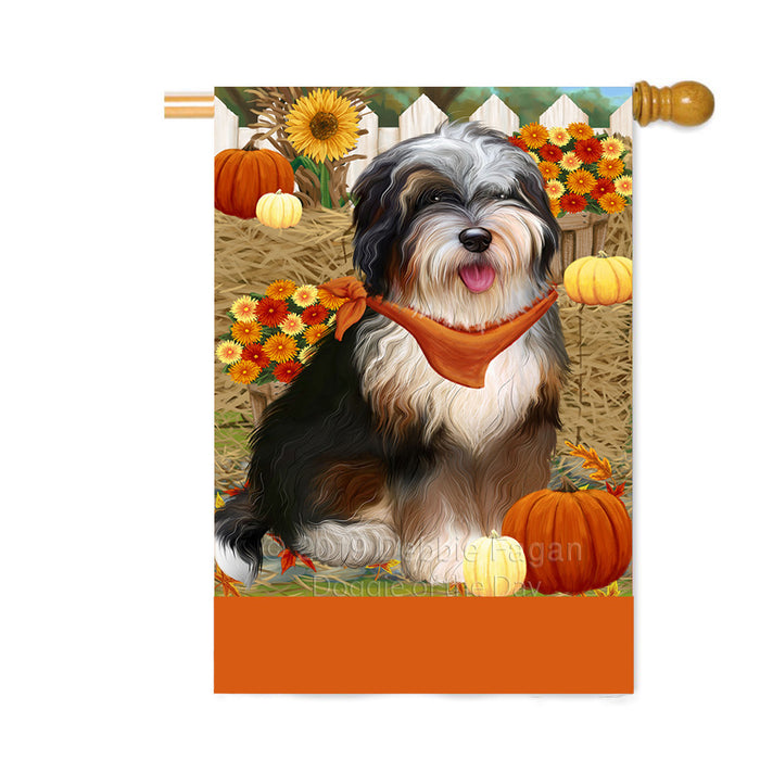 Personalized Fall Autumn Greeting Bernedoodle Dog with Pumpkins Custom House Flag FLG-DOTD-A61860