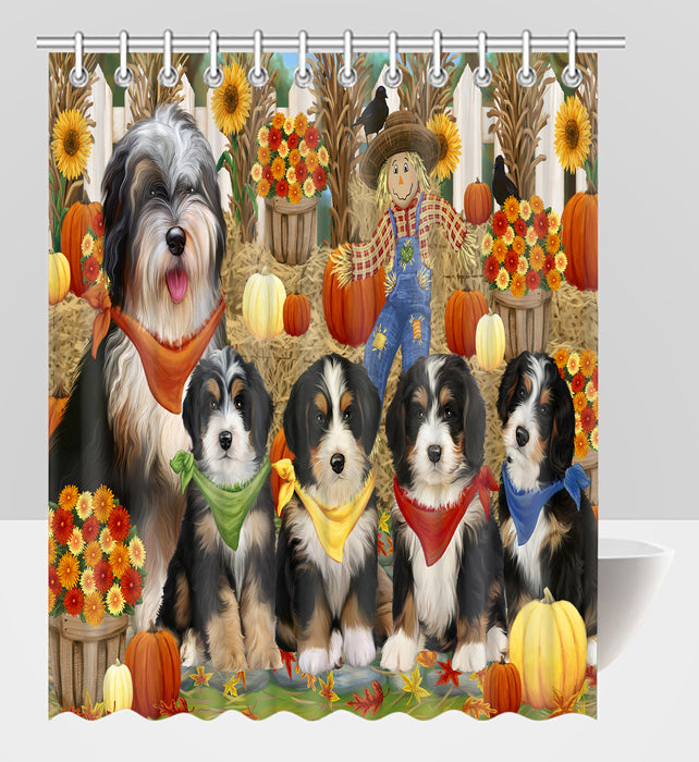 Fall Festive Harvest Time Gathering Bernedoodle Dogs Shower Curtain