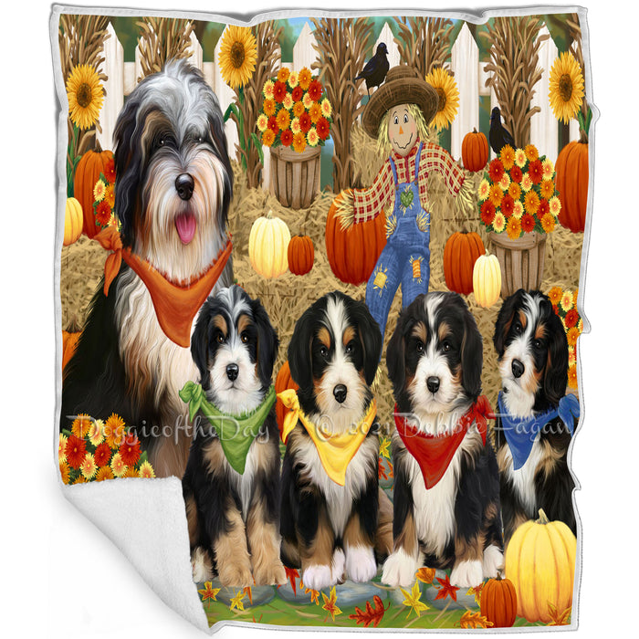 Fall Festive Gathering Bernedoodles Dog with Pumpkins Blanket BLNKT73191