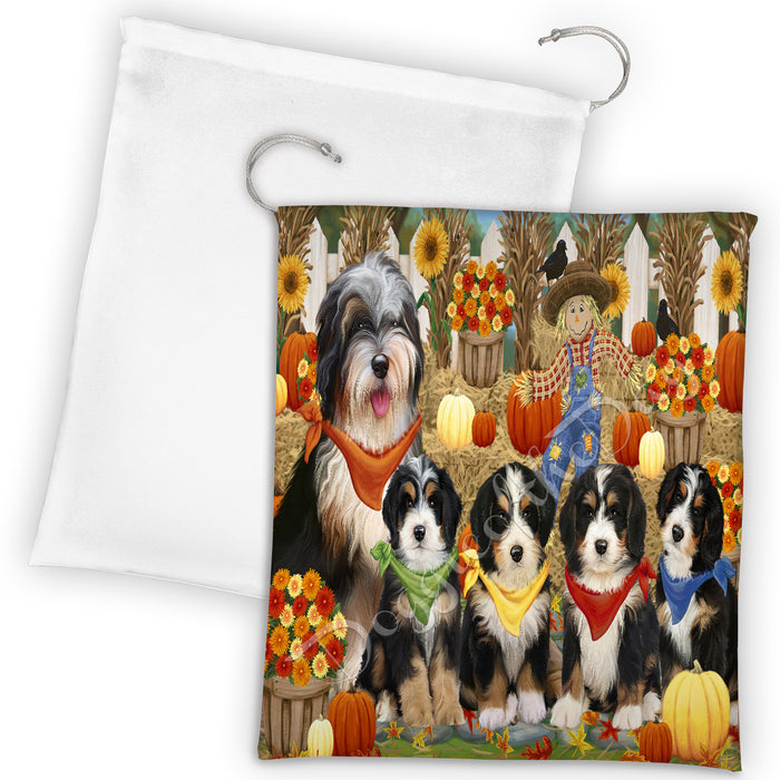 Fall Festive Harvest Time Gathering Bernedoodle Dogs Drawstring Laundry or Gift Bag LGB48376