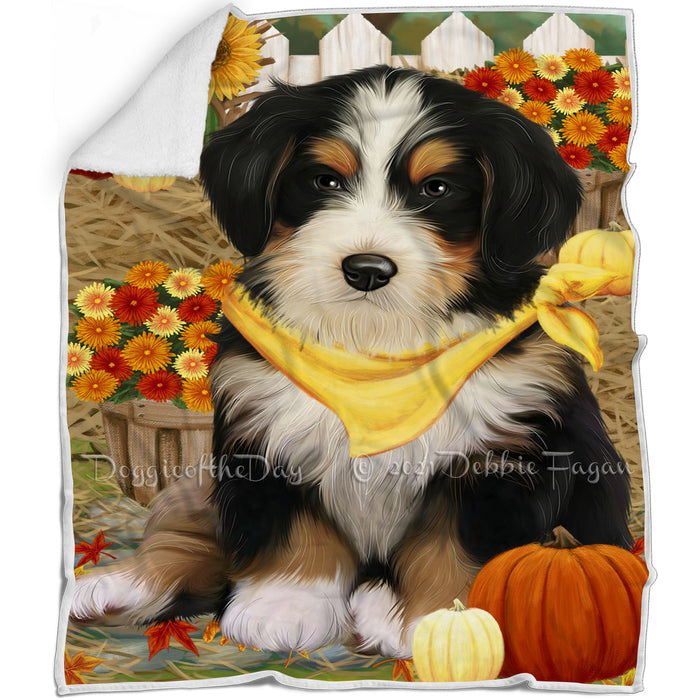 Fall Autumn Greeting Bernedoodle with Pumpkins Blanket BLNKT142432