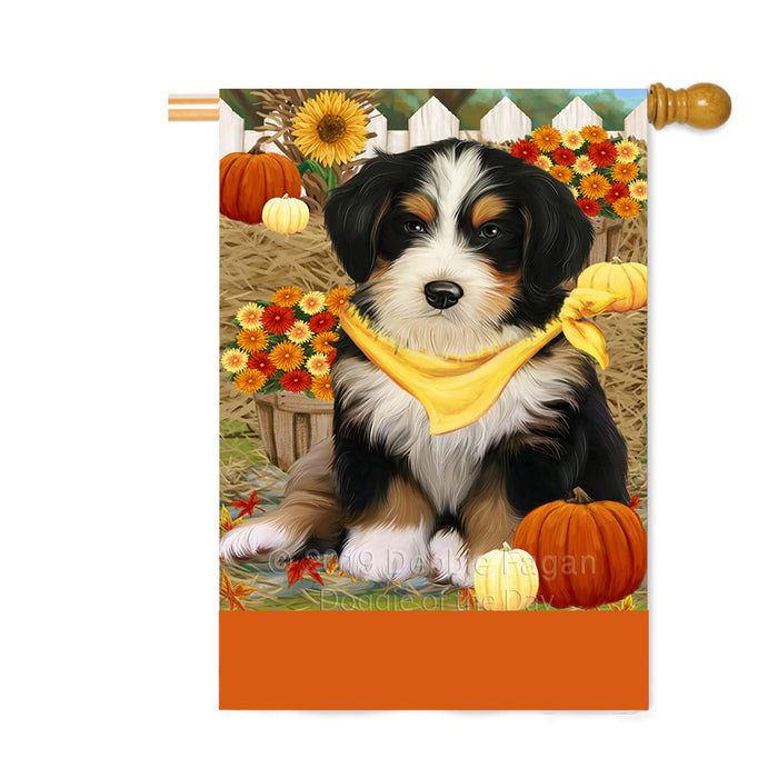 Personalized Fall Autumn Greeting Bernedoodle Dog with Pumpkins Custom House Flag FLG-DOTD-A61862