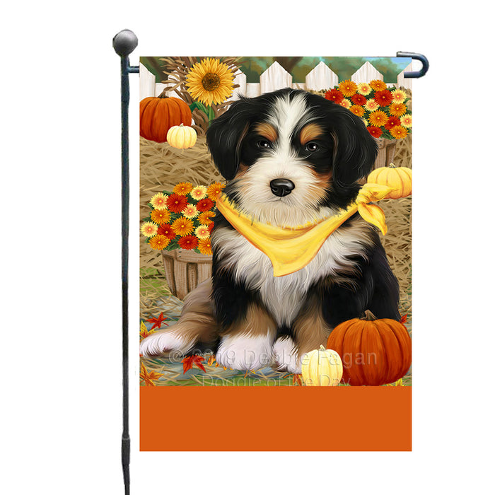 Personalized Fall Autumn Greeting Bernedoodle Dog with Pumpkins Custom Garden Flags GFLG-DOTD-A61806