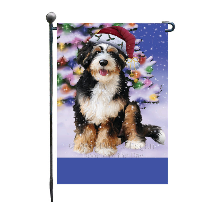 Personalized Winterland Wonderland Bernedoodle Dog In Christmas Holiday Scenic Background Custom Garden Flags GFLG-DOTD-A61234