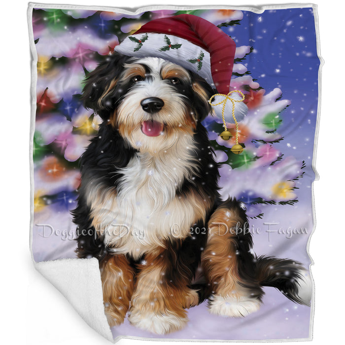 Winterland Wonderland Bernedoodle Dog In Christmas Holiday Scenic Background Blanket BLNKT143372