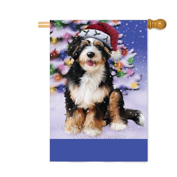 Personalized Winterland Wonderland Bernedoodle Dog In Christmas Holiday Scenic Background Custom House Flag FLG-DOTD-A61290